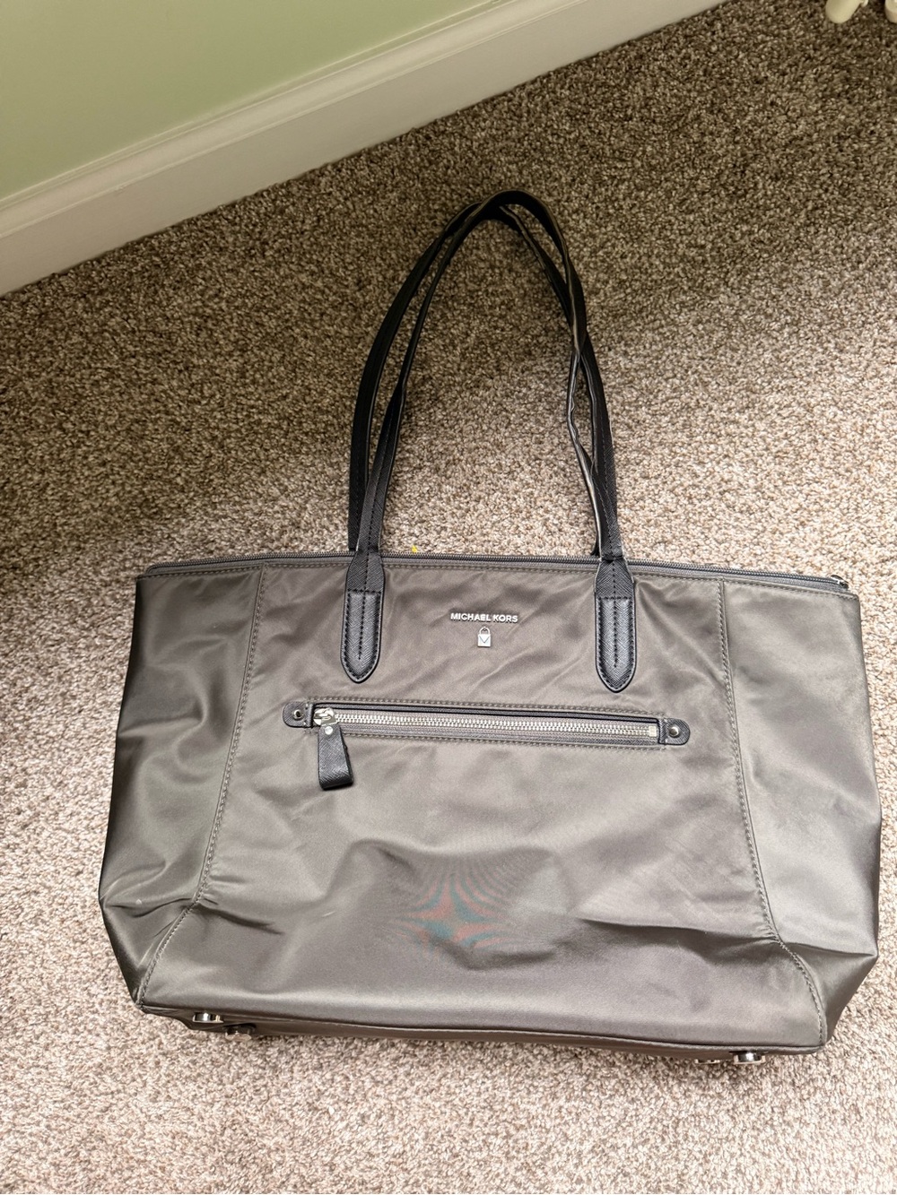 Michael Kors Grey- ish Nylon Tote Bag with Leather Trim